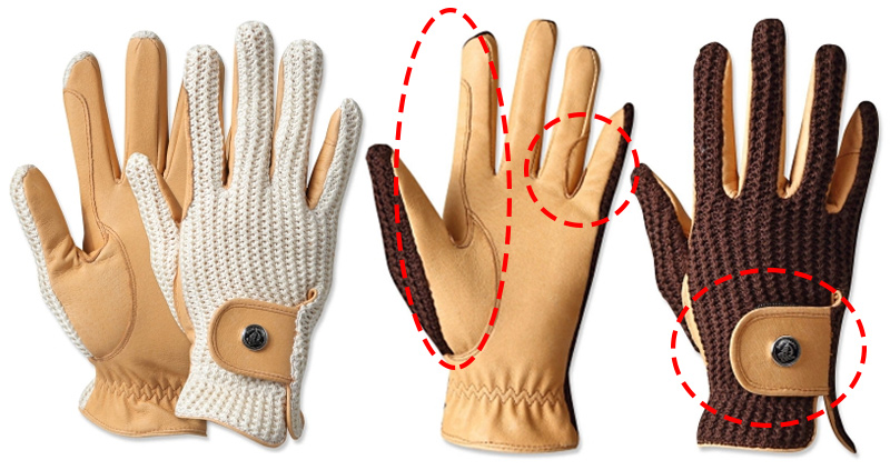 乗馬用グローブは手綱（たづな）を握る時に擦れる部分（小指と薬指の間・親指と人差し 指の間）を重点的に補強されているものが多いです